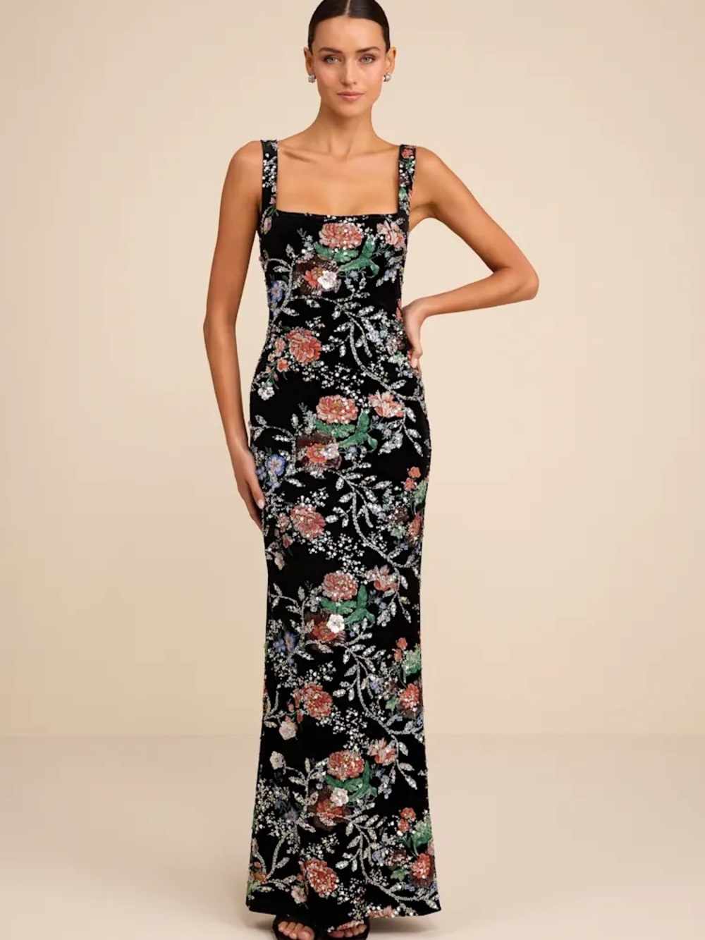 Black Floral Sequin Square-Neck Evening Gown